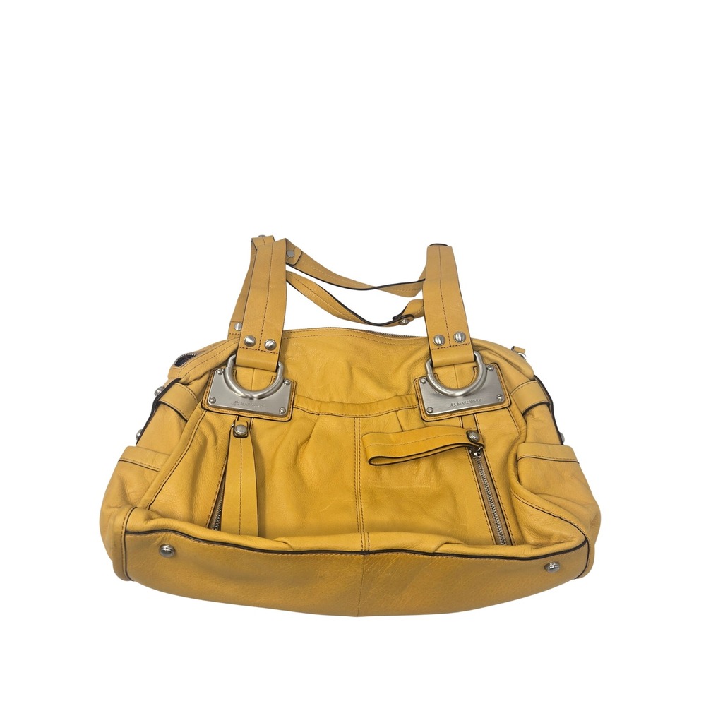 B. Makowsky Yellow Pebbled Leather Shoulder Bag Leopard Print Lining Satchel